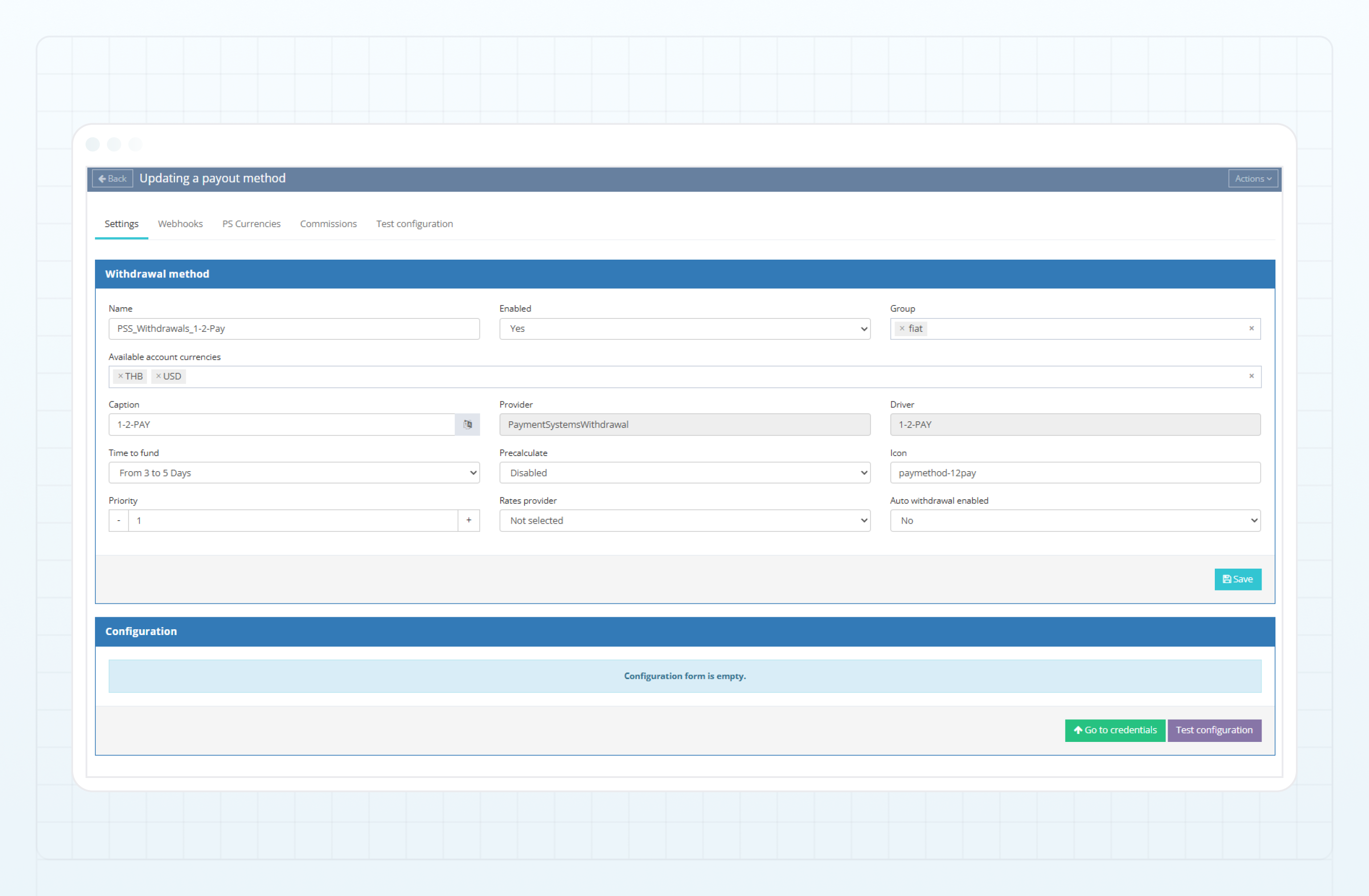 1-2-Pay withdrawal method — Settings tab