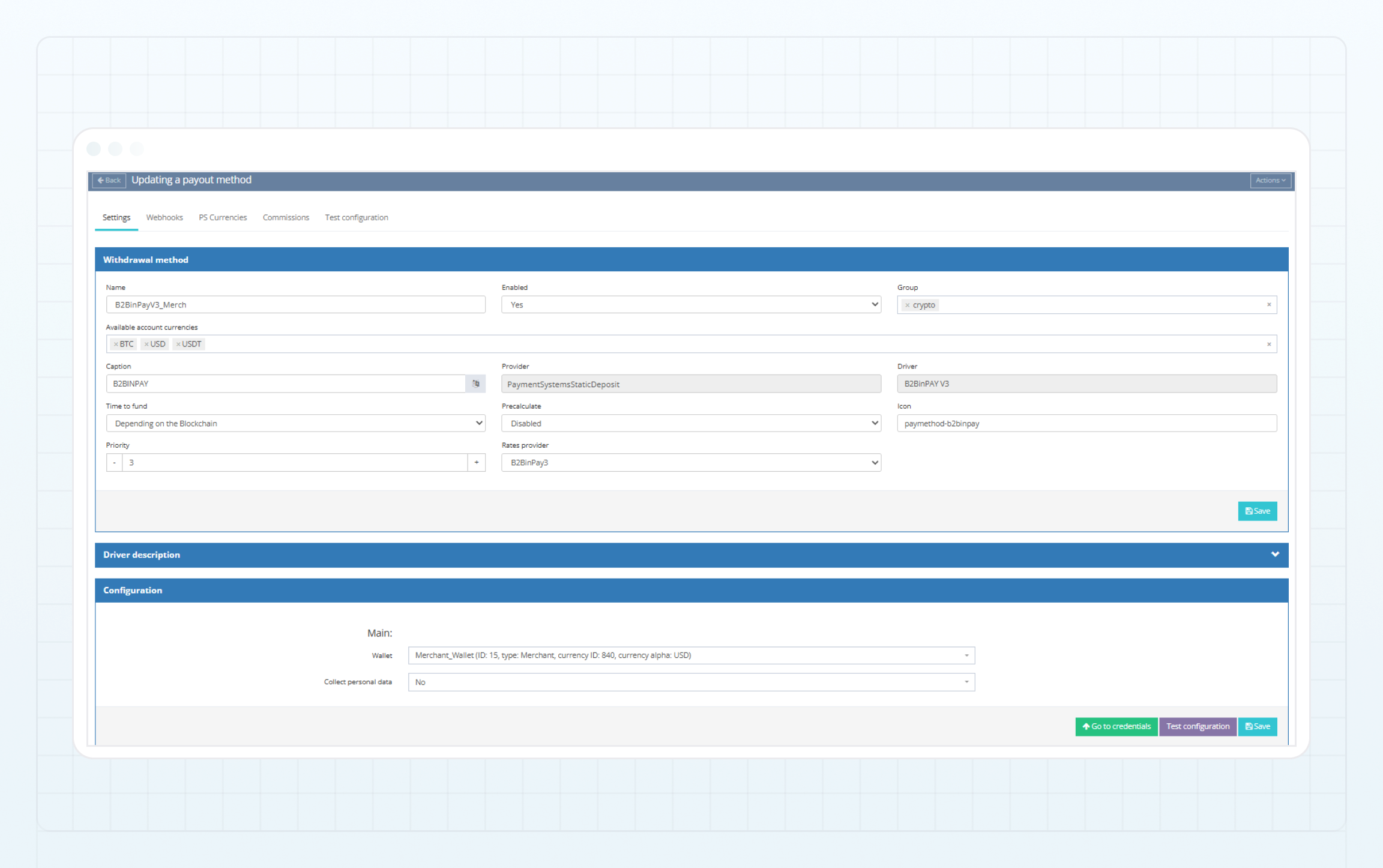 B2BINPAY deposit method — Settings tab B2BINPAY deposit method — Settings tab