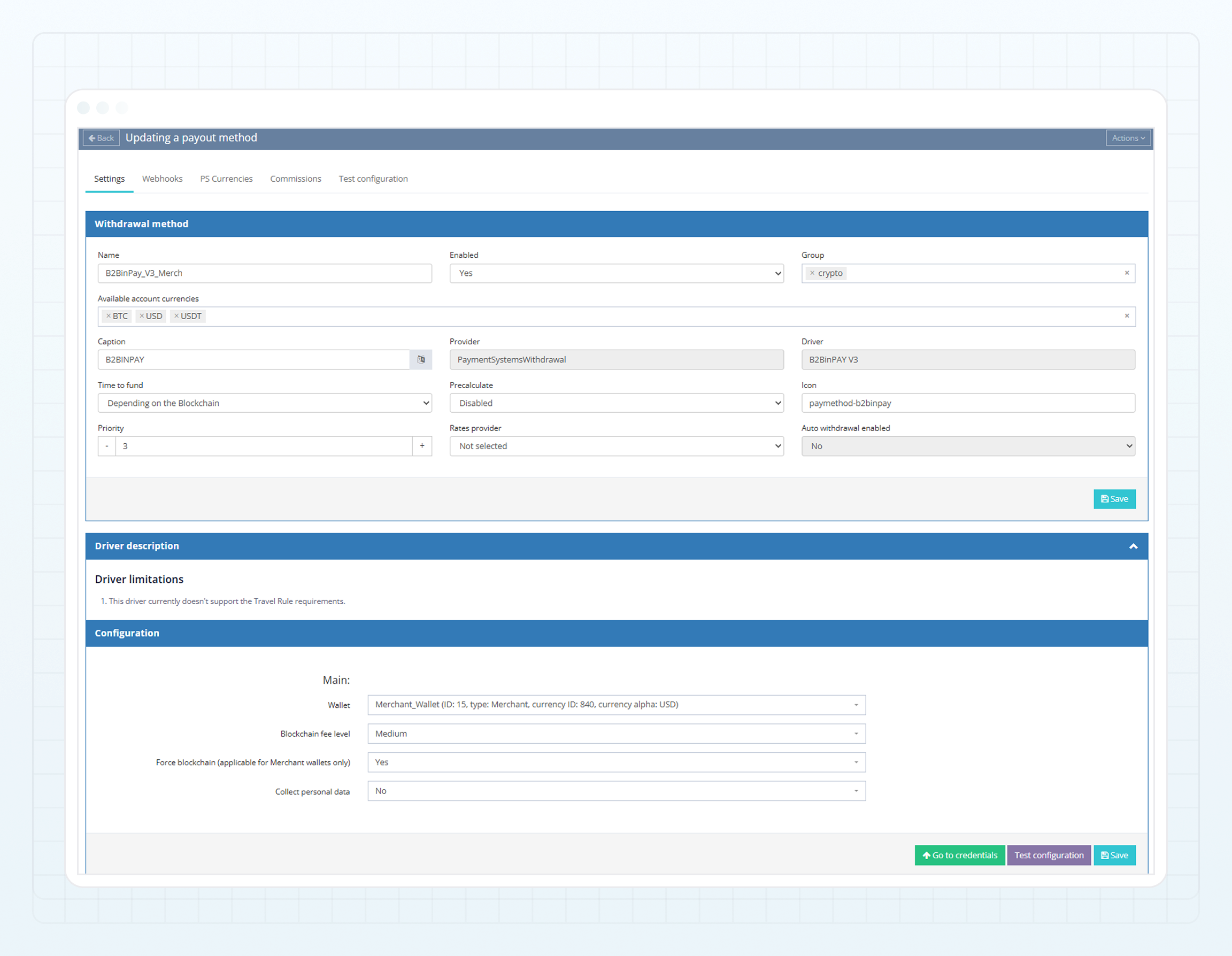 B2BINPAY withdrawal method — Settings tab B2BINPAY withdrawal method — Settings tab