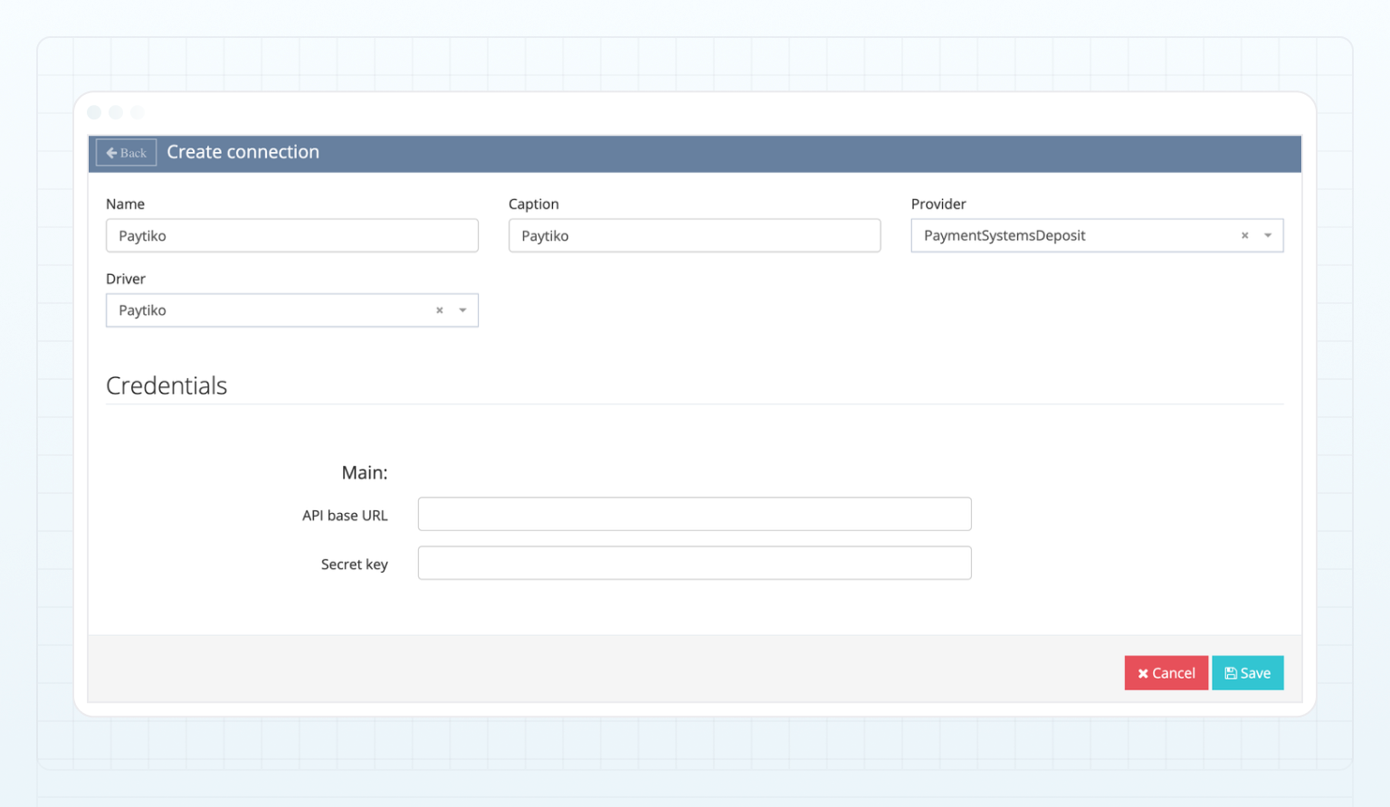 Create the connection to Paytiko