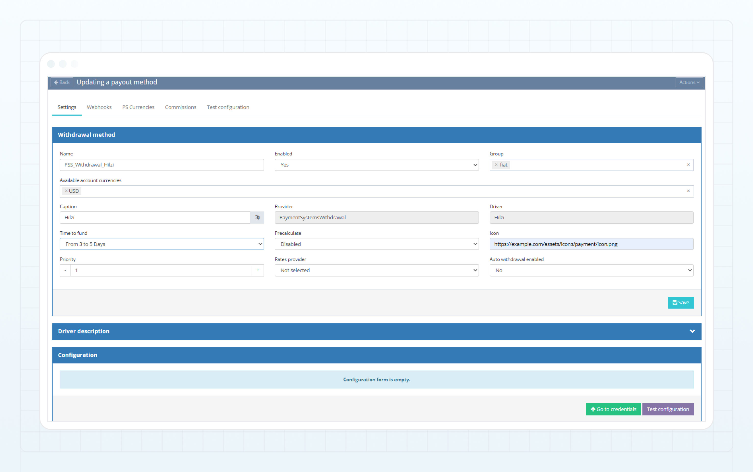 Visionpay (HILZI) withdrawal method — Settings tab