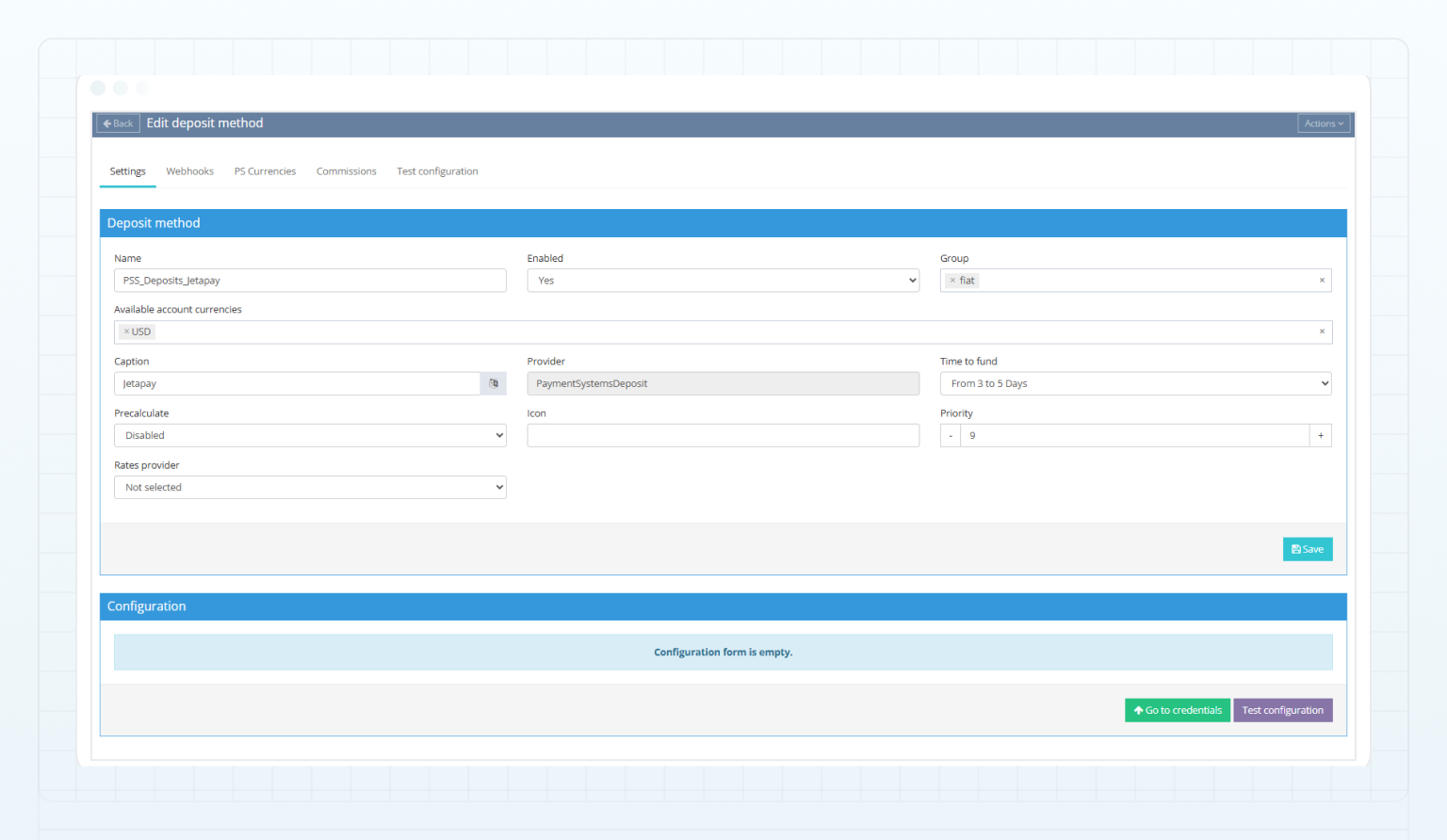 Jetapay deposit method — Settings tab