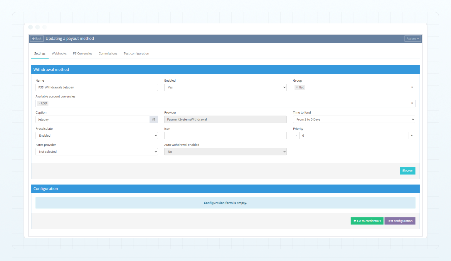 Jetapay withdrawal method — Settings tab