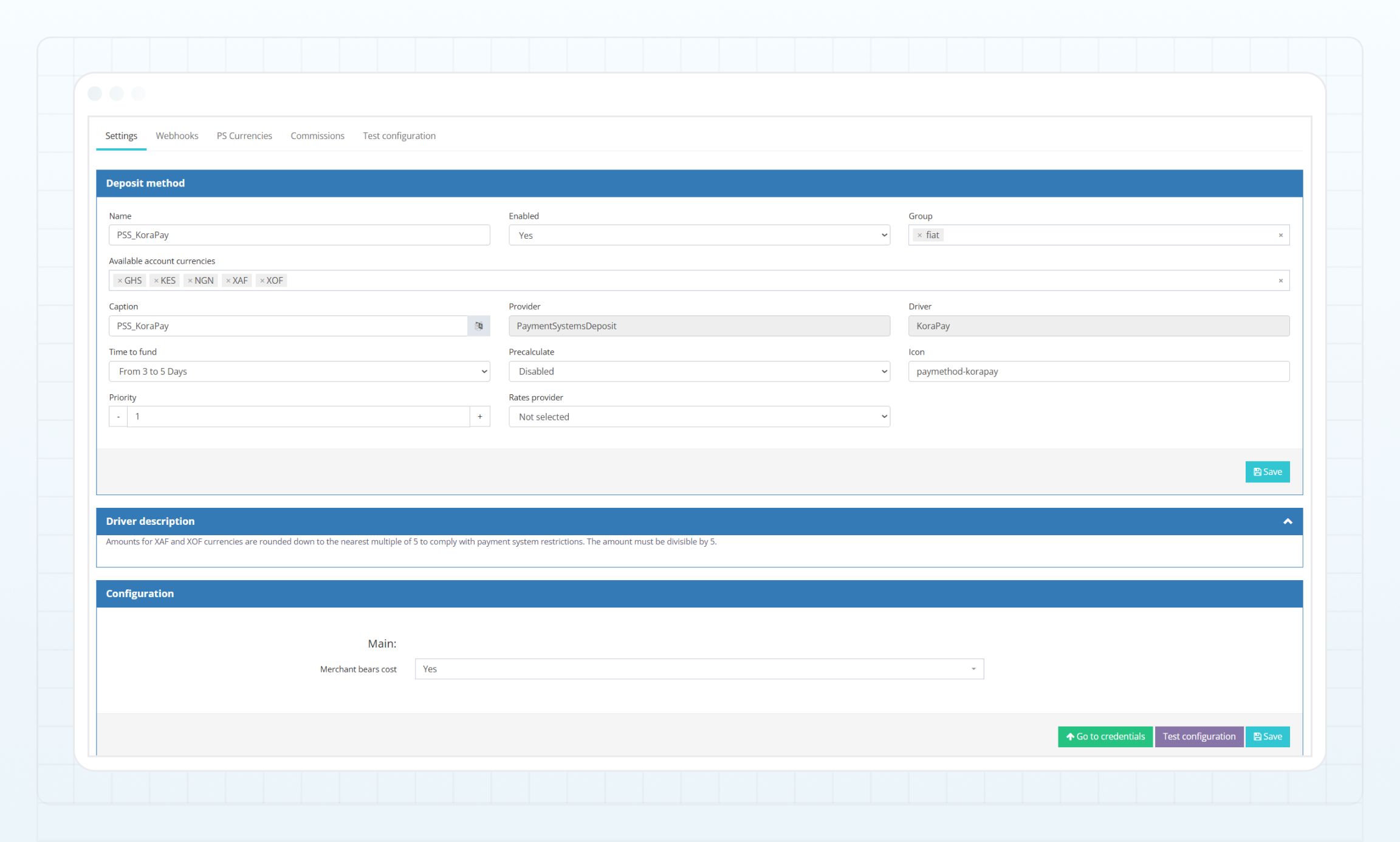 KoraPay deposit method — Settings tab