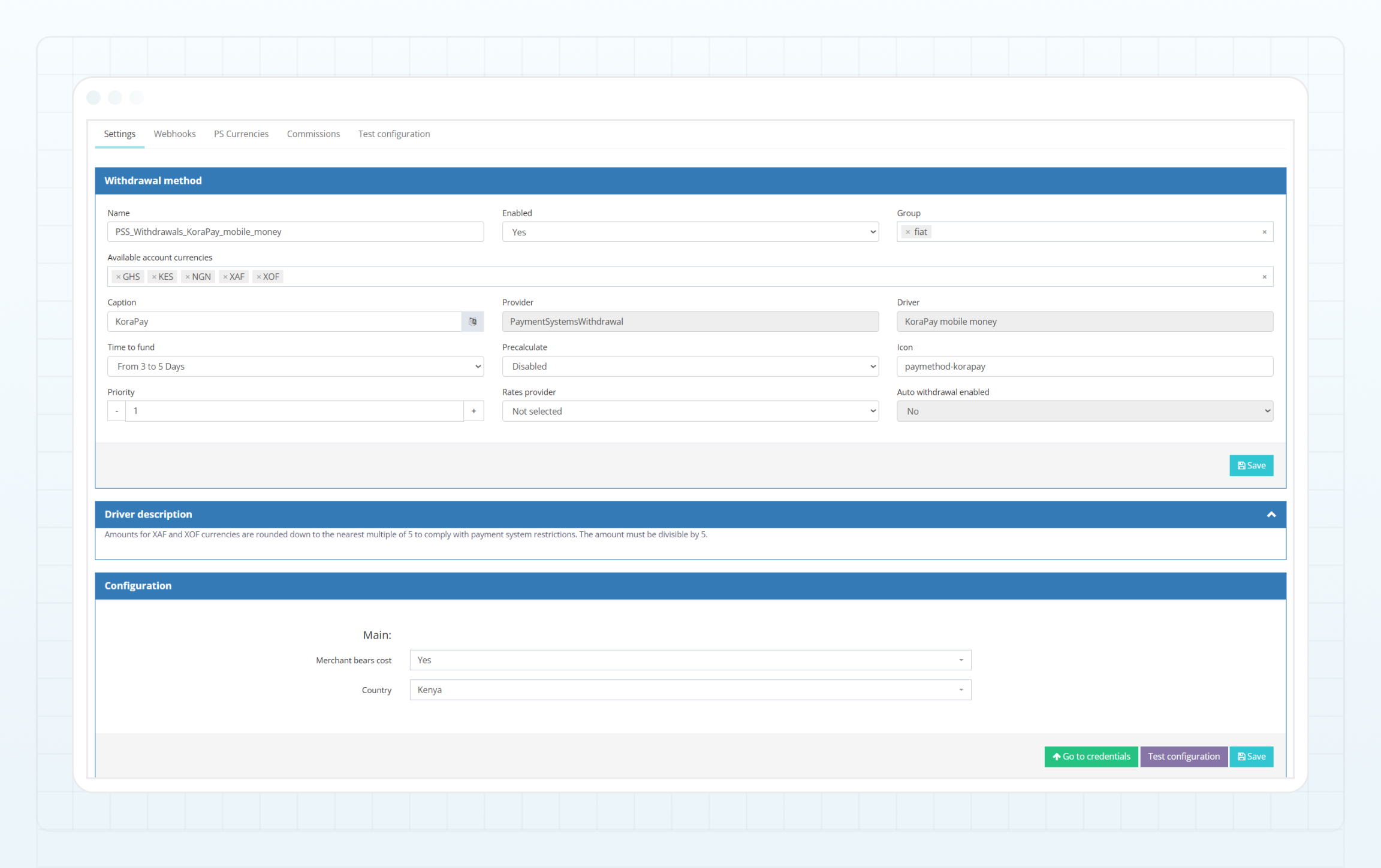 KoraPay withdrawal method — Settings tab