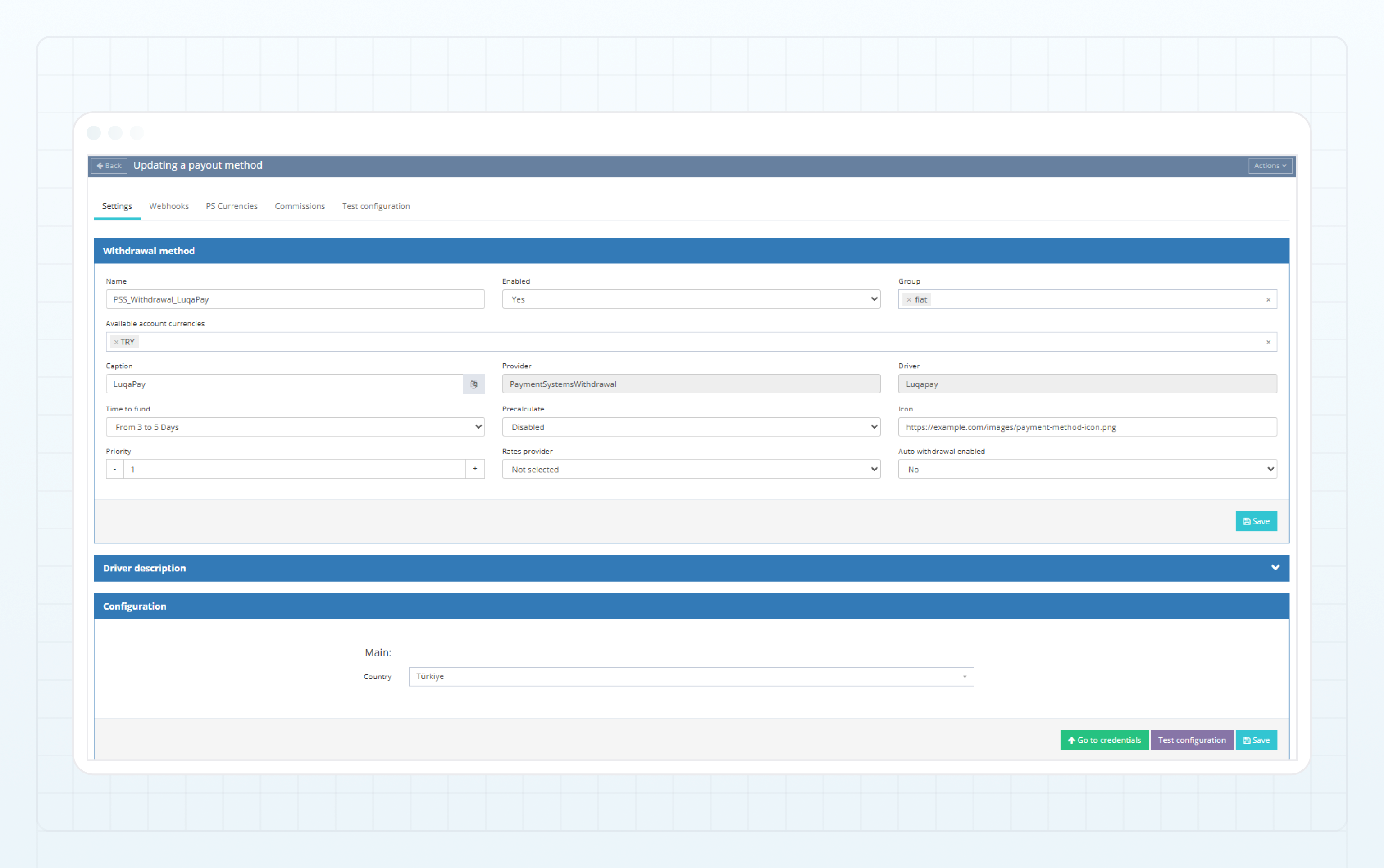 LuqaPay withdrawal method — Settings tab