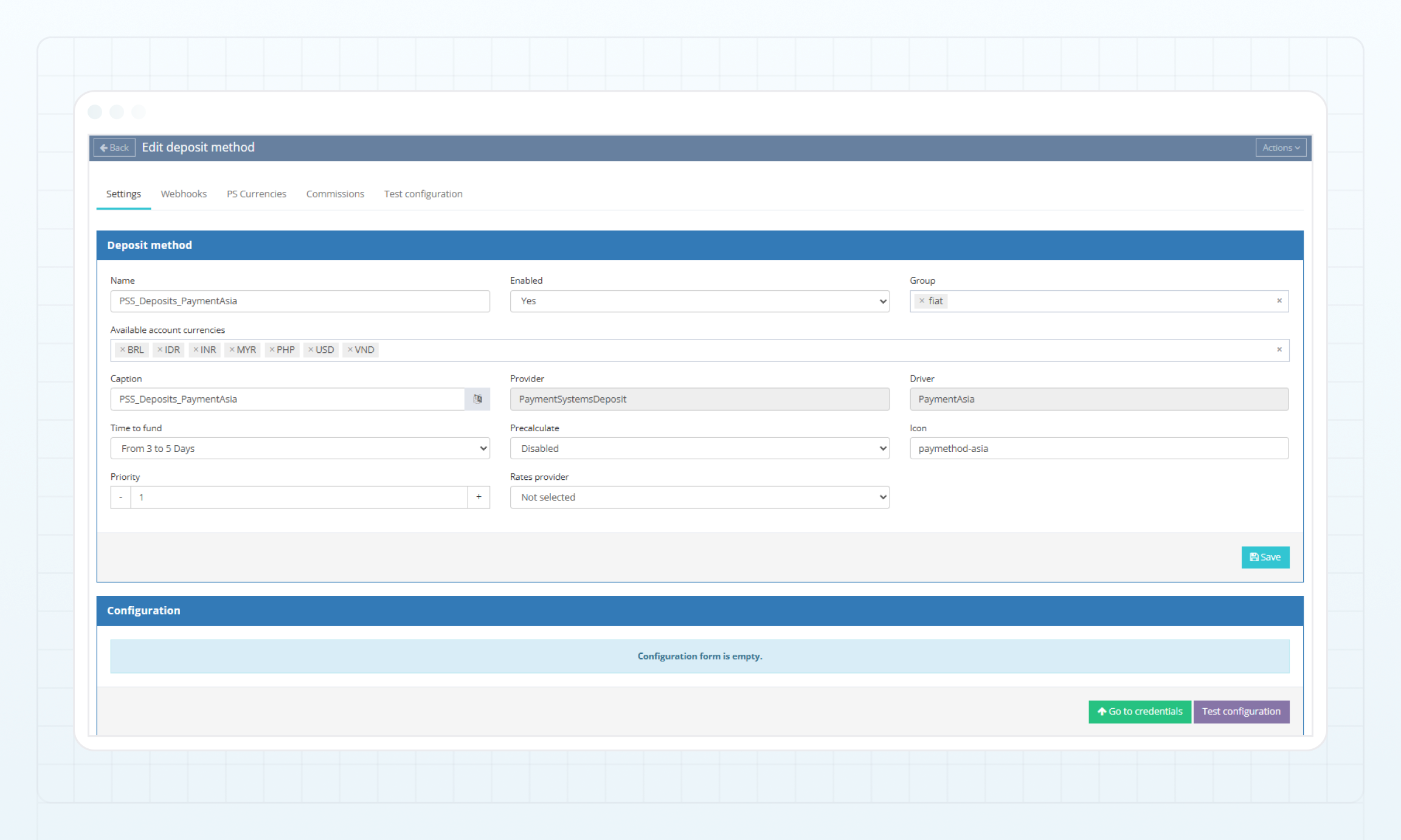 PaymentAsia deposit method — Settings tab