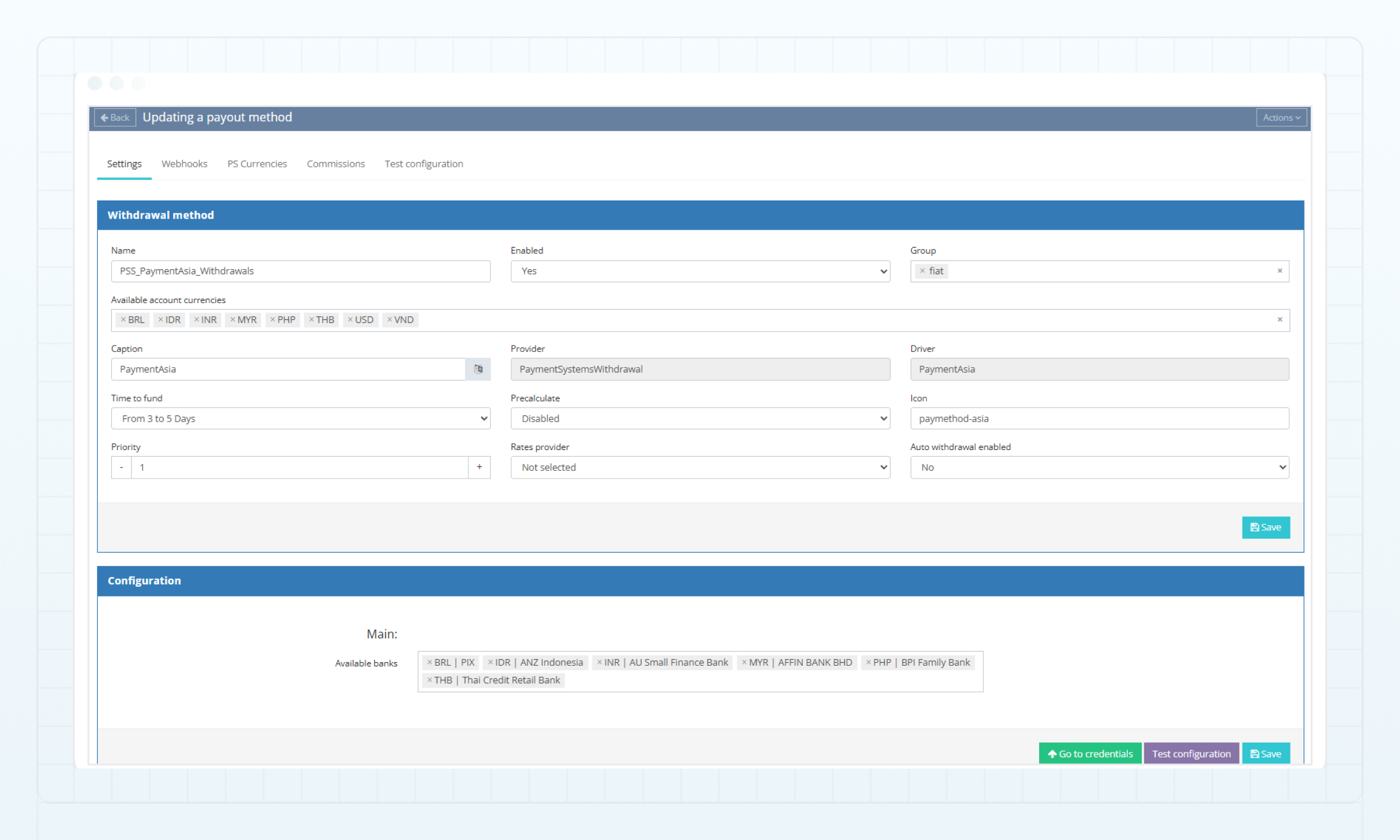 PaymentAsia withdrawal method — Settings tab