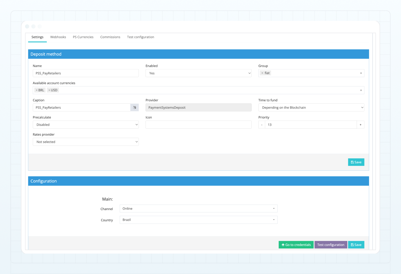 PayRetailers deposit method — Settings tab