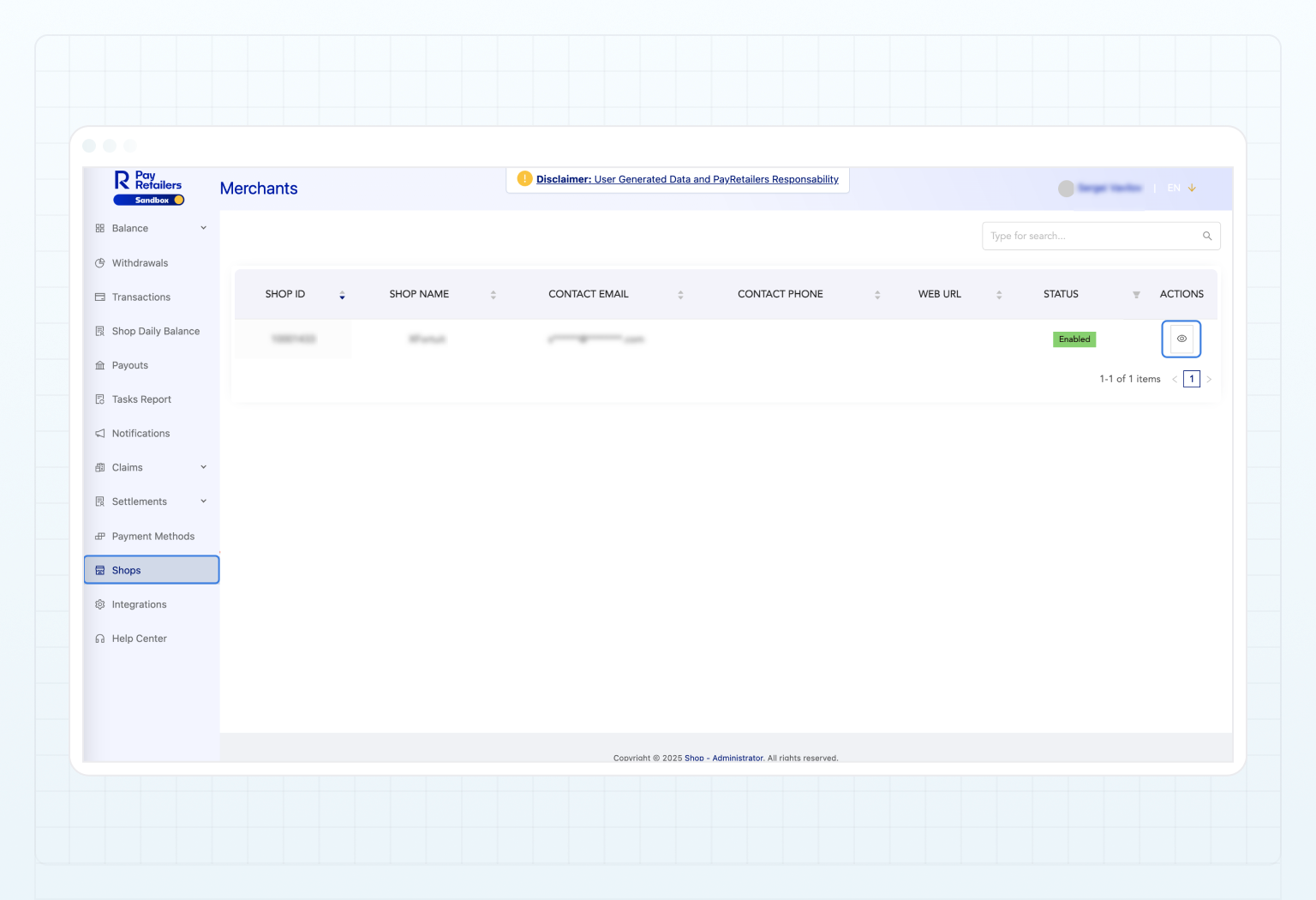 PayRetailers — Shops menu