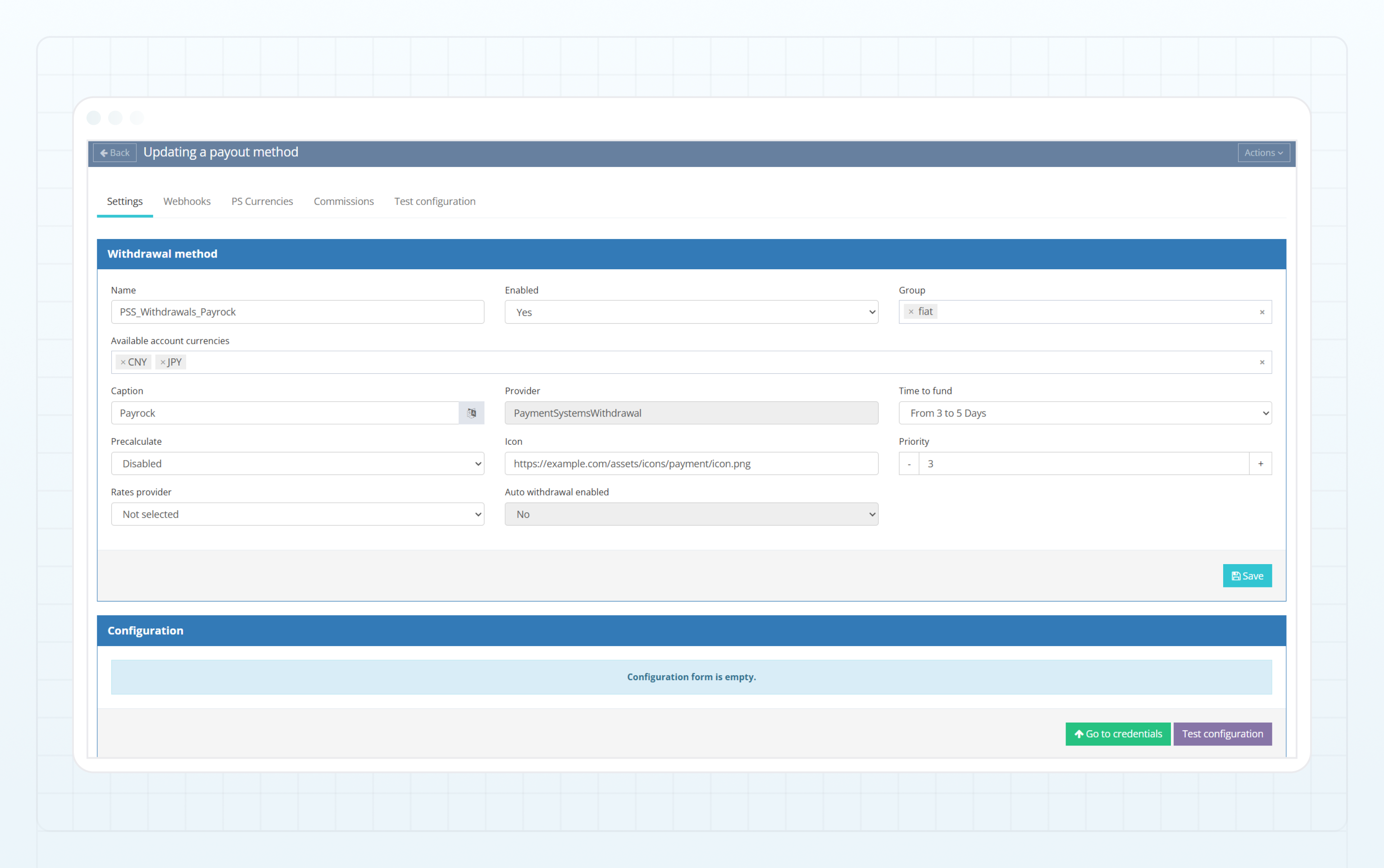 Payrock withdrawal method — Settings tab