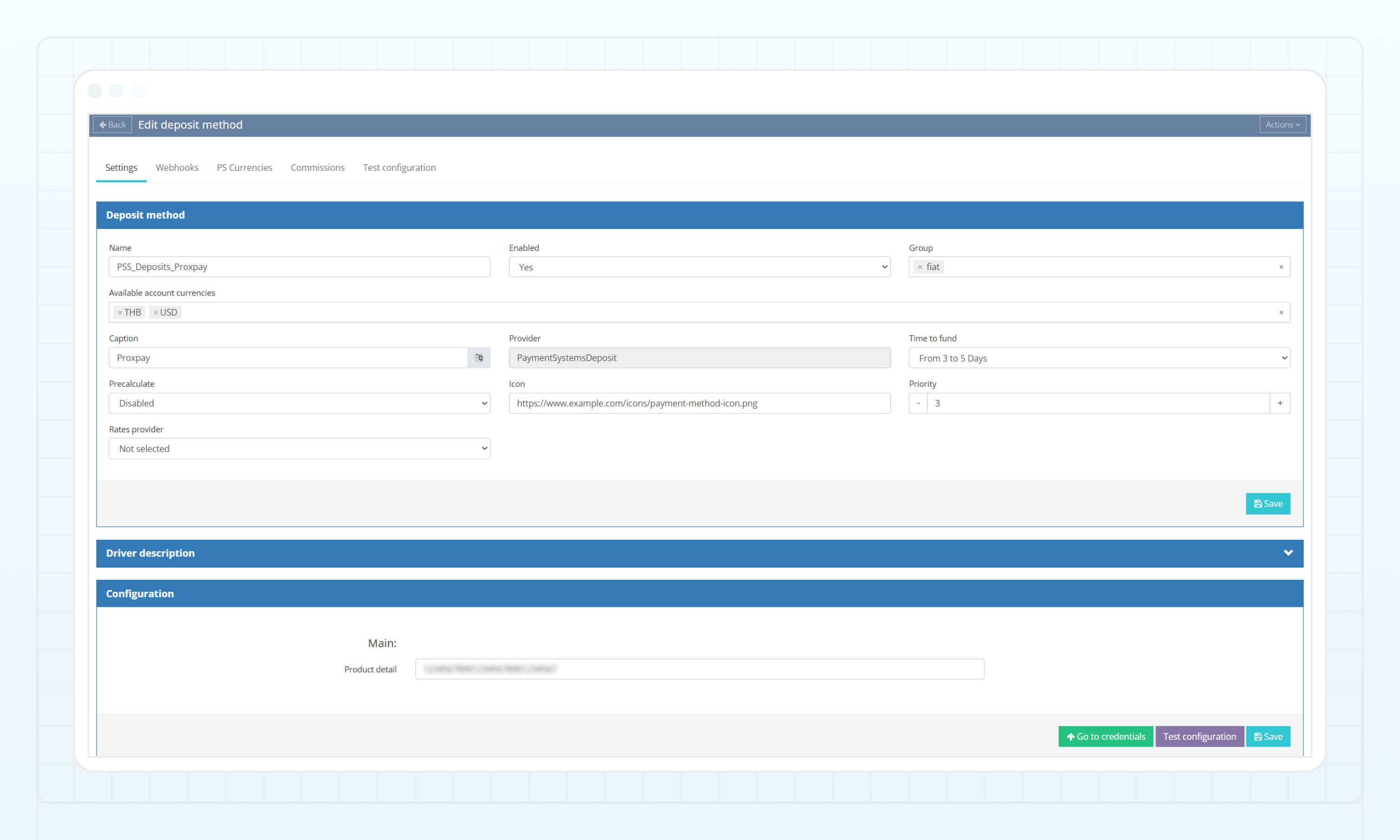 Proxpay deposit method — Settings tab