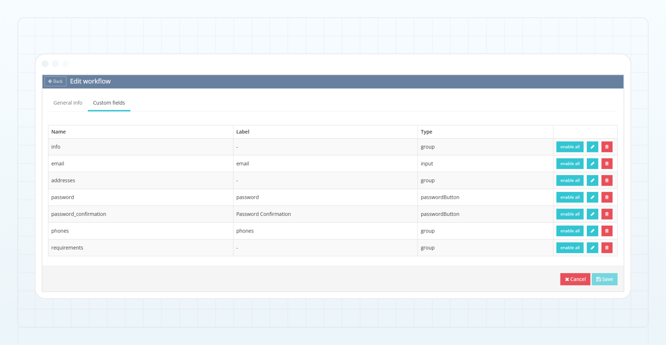 Custom fields tab