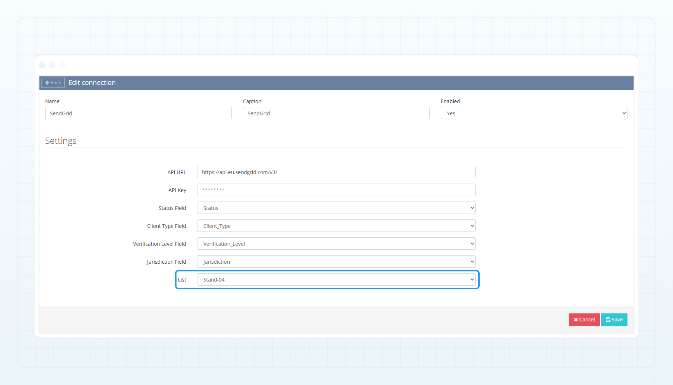 Select the SendGrid list to sync clients from B2CORE Select the SendGrid list to sync clients from B2CORE