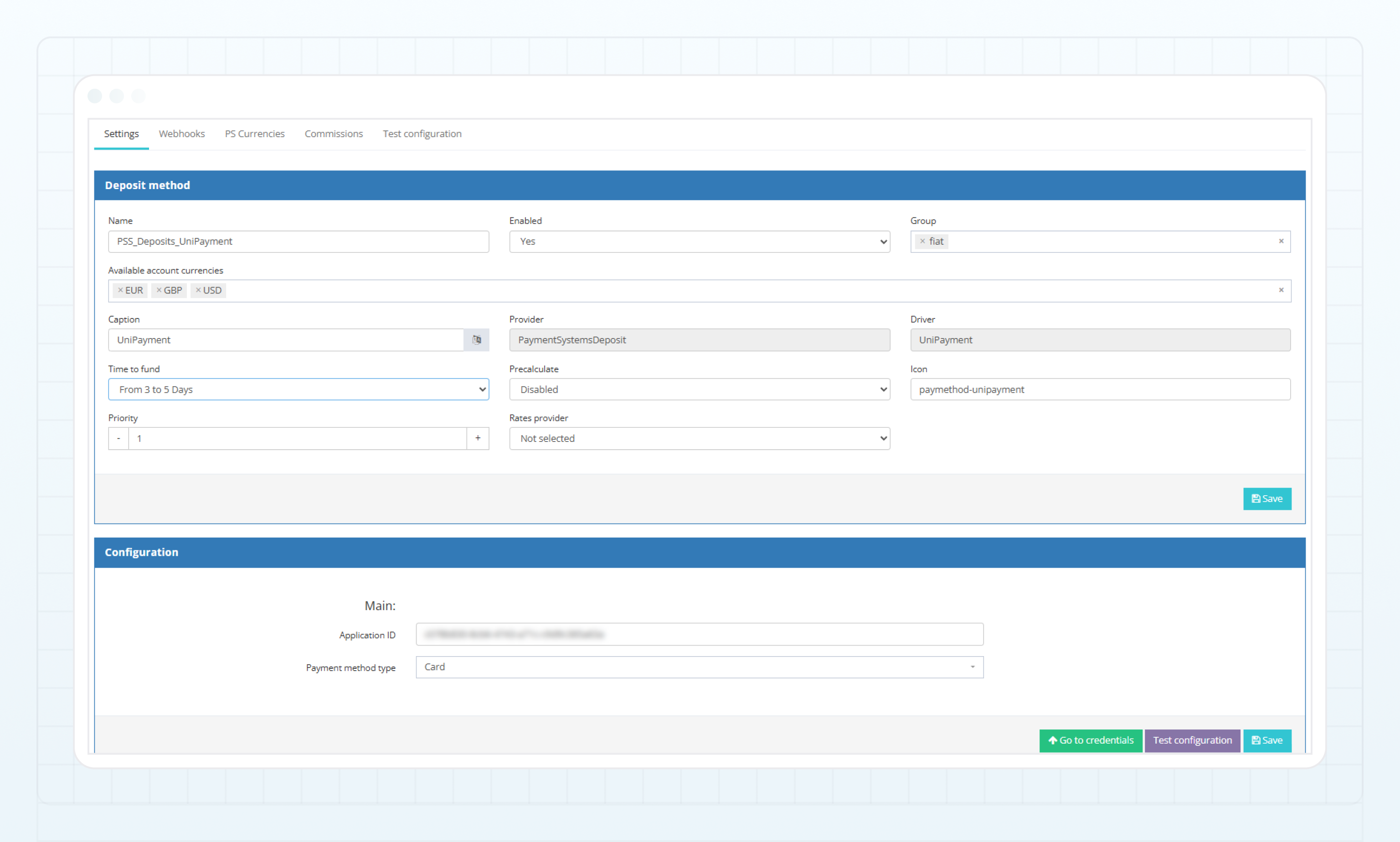 UniPayment deposit method — Settings tab